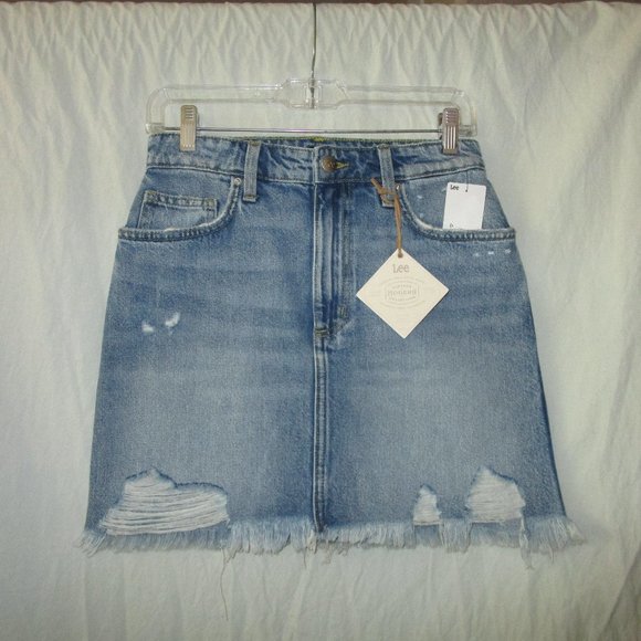 LEE Vintage Modern 26 27 Prairie Blue Distressed High Rise Denim Jean Skirt NWT - Picture 4 of 9